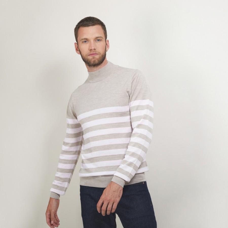 Pull rayé col montant en laine - Lazar