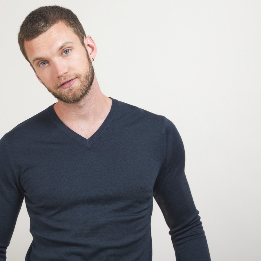 Pullover mit V-Ausschnitt und Logo aus Merinowolle - Elmo