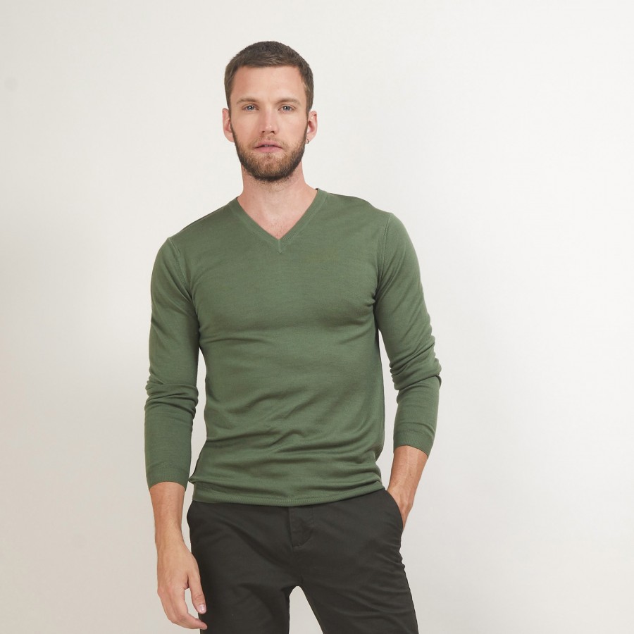 Pullover mit V-Ausschnitt und Logo aus Merinowolle - Elmo
