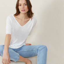 T-shirt manches coudes en lin flammé - Bonbon