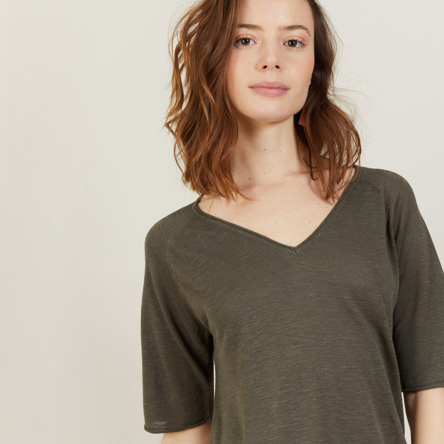 T-shirt manches coudes en lin flammé - Bonbon