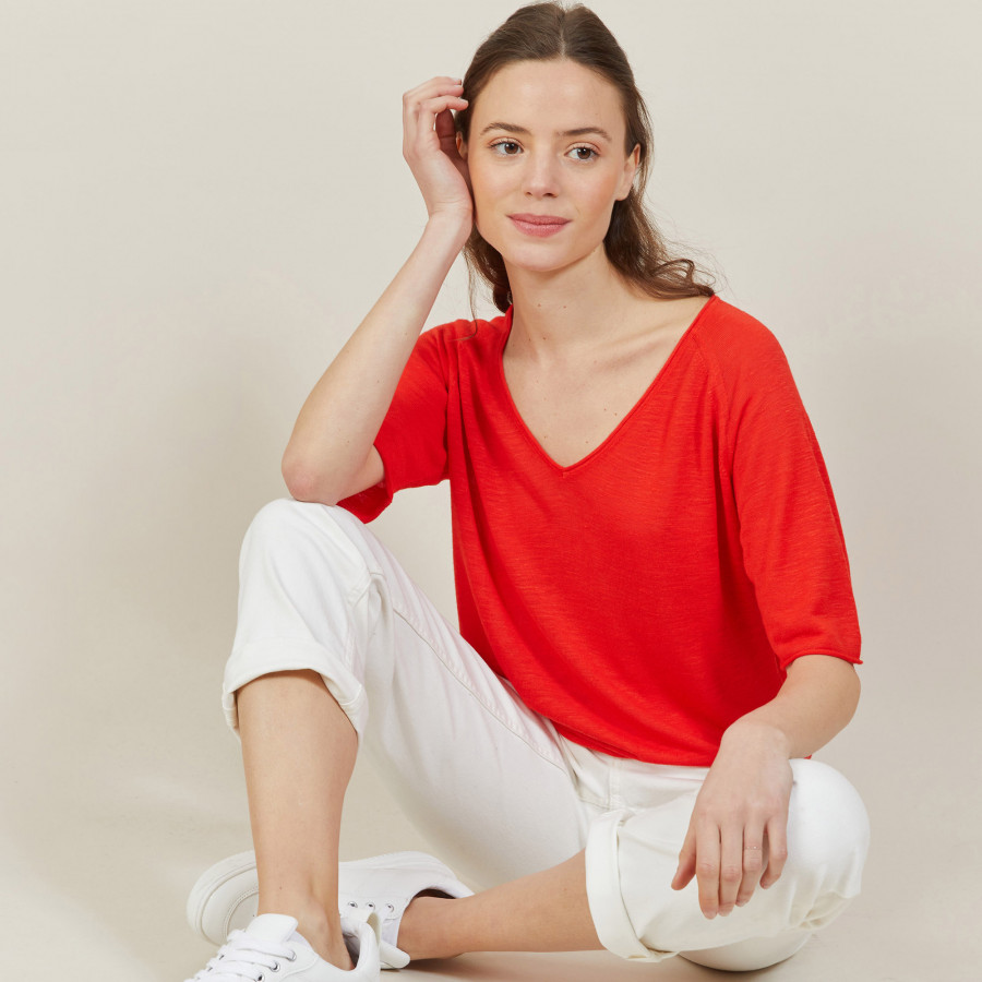 T-shirt manches coudes en lin flammé - Bonbon