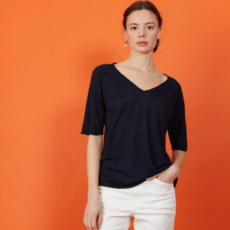 T-shirt manches coudes en lin flammé - Bonbon