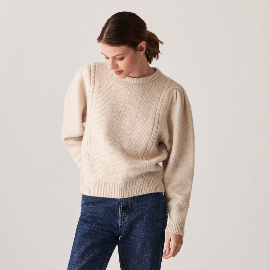 Pull manches raglan en laine cocon et maille torsadée - Carlotta