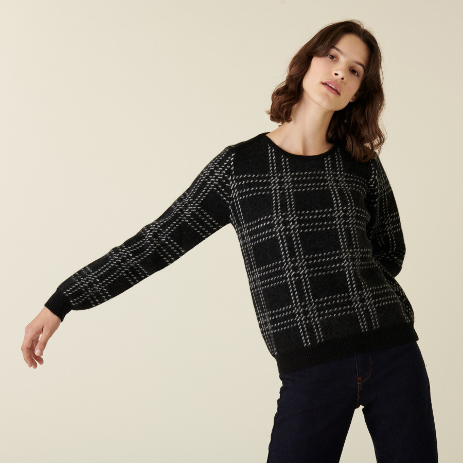 Pull col rond à carreaux en laine alpaga - Carin