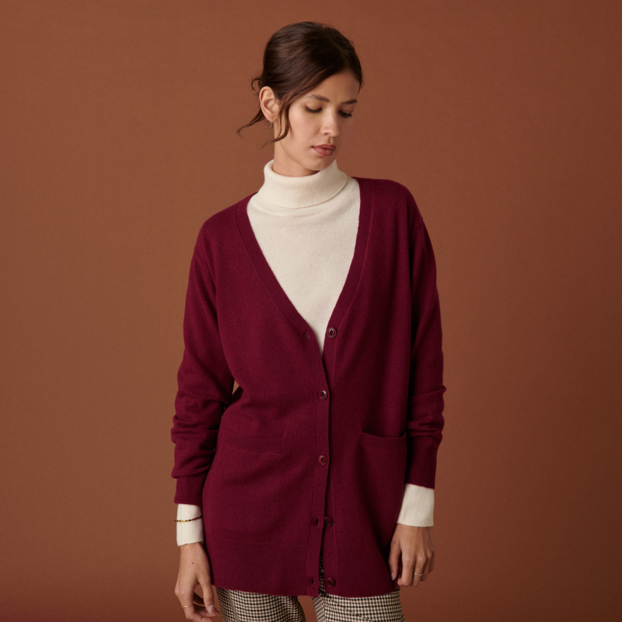 Long cardigan col V en cachemire à fentes et poches - Aden