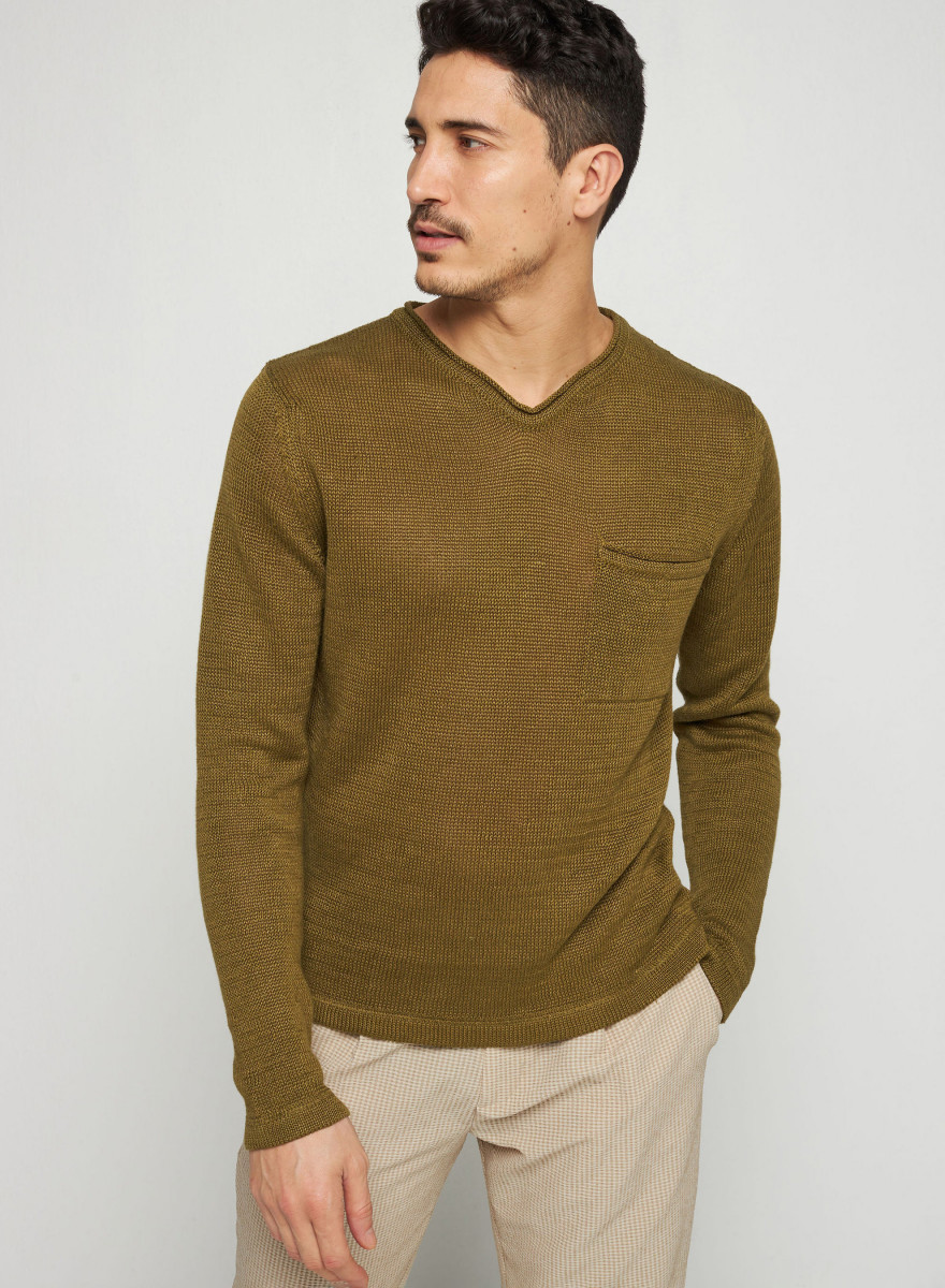 Pullover mit Tunika-Kragen aus Leinen - Rubin