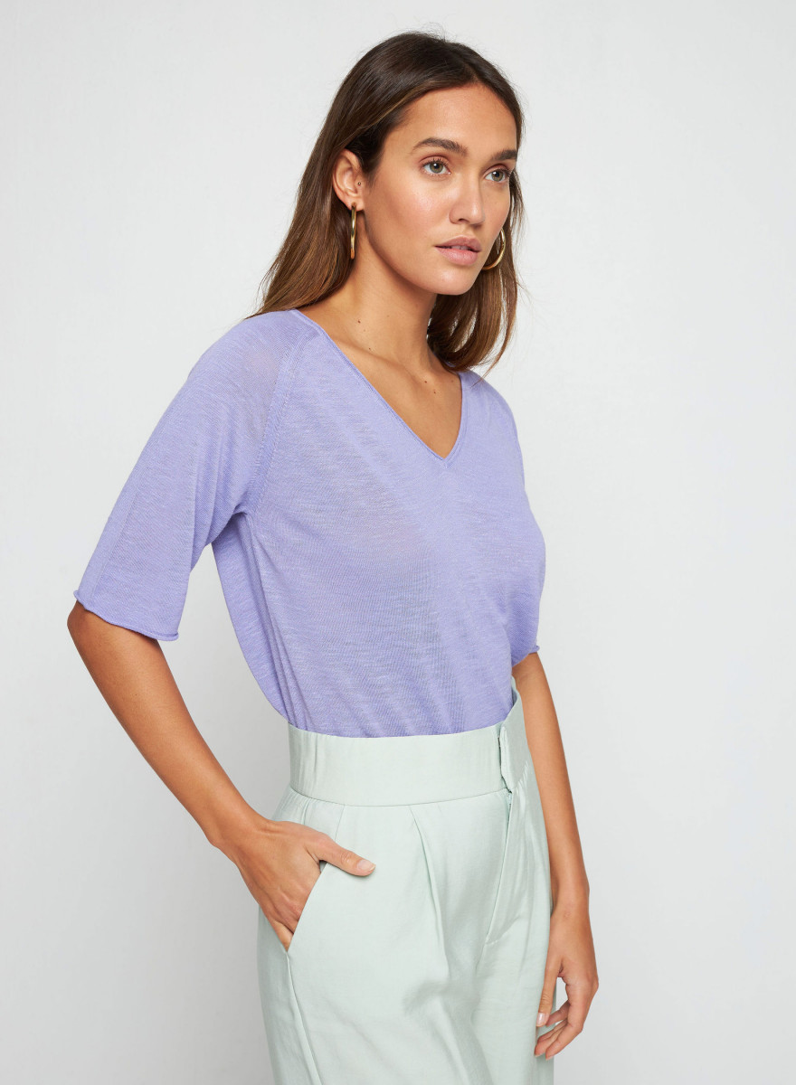 Ellbogenärmeliges T-Shirt aus Slub-Leinen - Bonbon