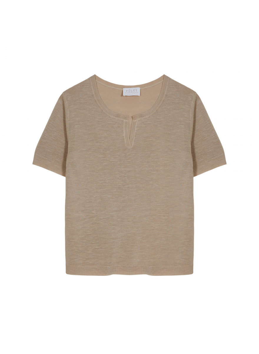 T-Shirt mit tunesischem Kragen aus geflammtem Leinen - Bohême