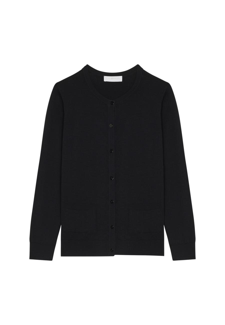 Geknöpfter Rundhals-Cardigan mit Taschen aus Merinowolle - Amalia Geknöpfter Rundhals-Cardigan mit Taschen aus Merinowolle - Amalia