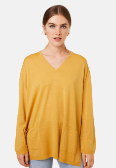 Weit geschnittener Pullover mit V-Ausschnitt und Taschen aus Merinowolle - Albertine