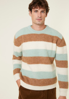 Rundhals-Pullover aus Mohair mit dreifarbigen Streifen - Fox