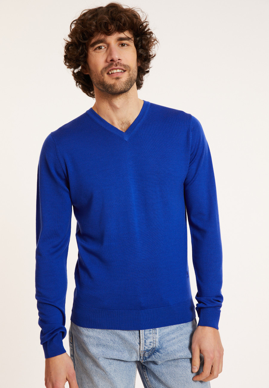 Pullover mit V-Ausschnitt und Logo aus Merinowolle - Elmo