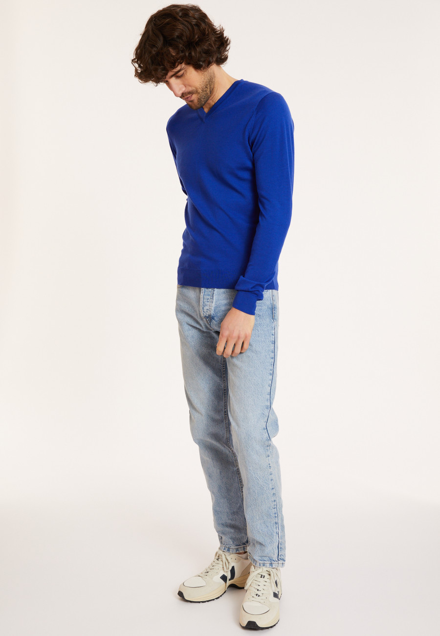 Pullover mit V-Ausschnitt und Logo aus Merinowolle - Elmo