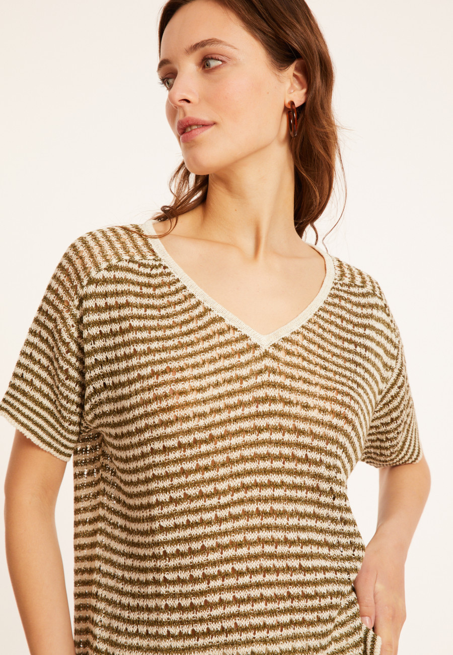 Durchbrochenes Leinen-T-Shirt mit V-Ausschnitt - Marguerite