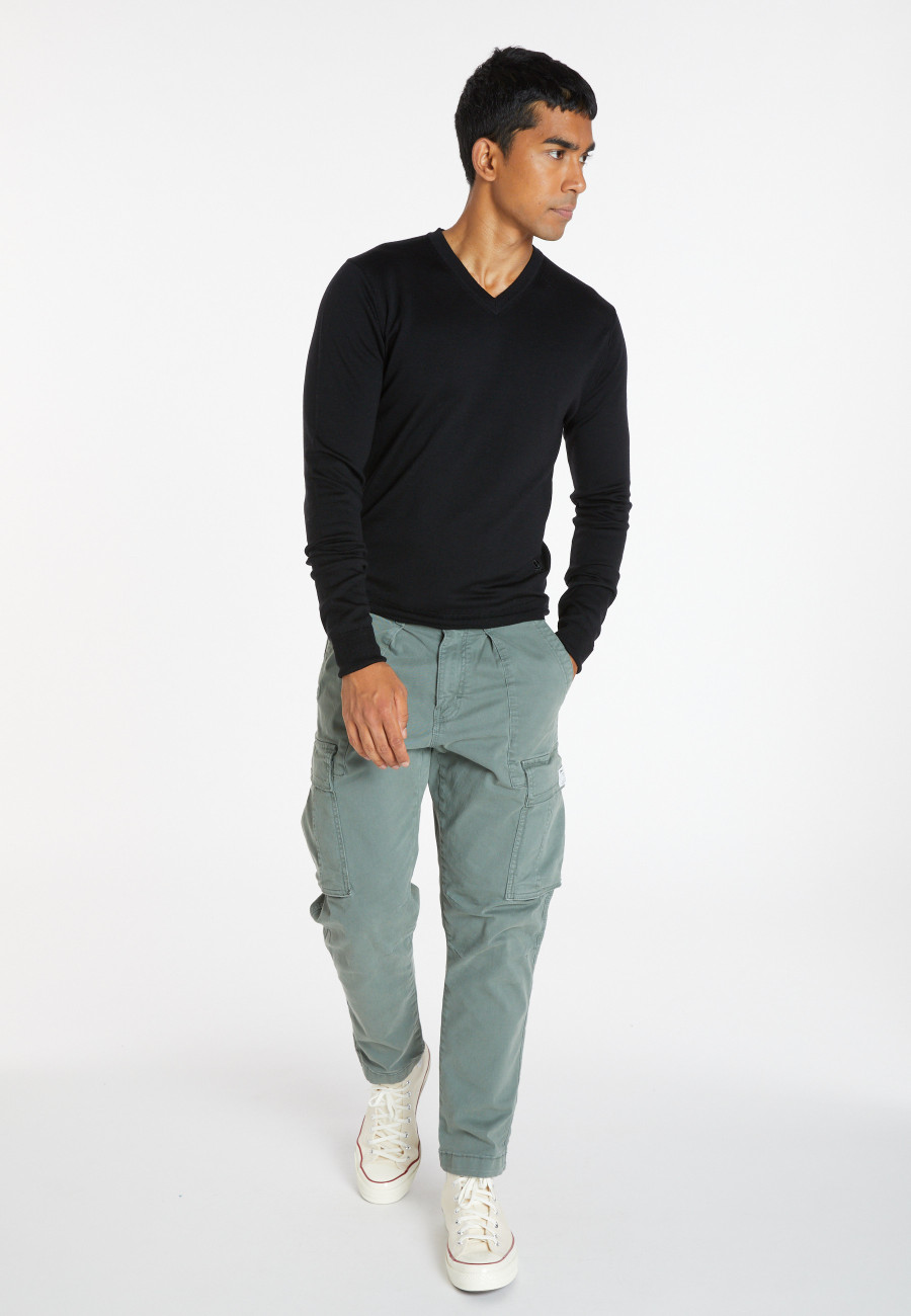 Pullover mit V-Ausschnitt und Logo aus Merinowolle - Elmo