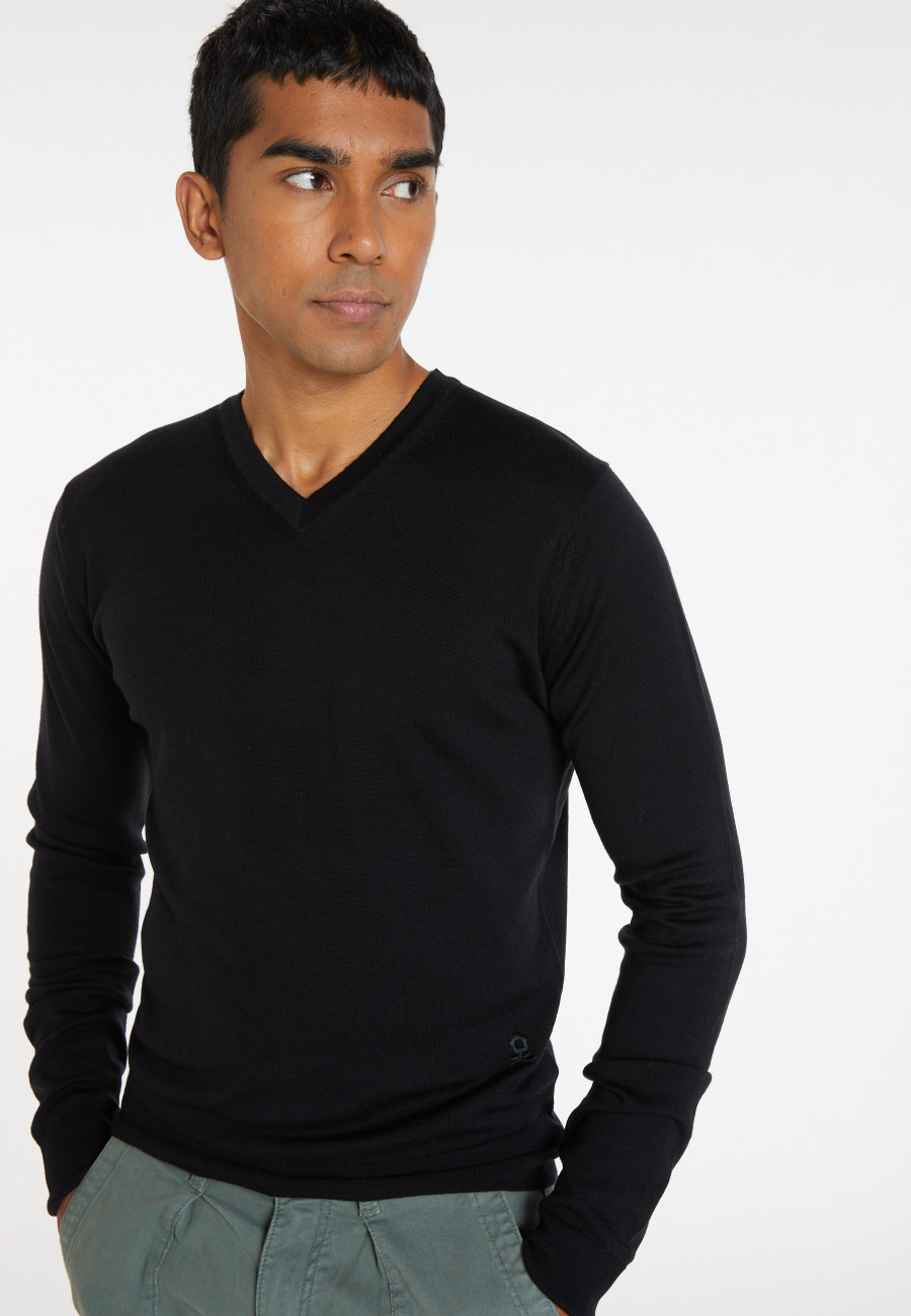 Pullover mit V-Ausschnitt und Logo aus Merinowolle - Elmo
