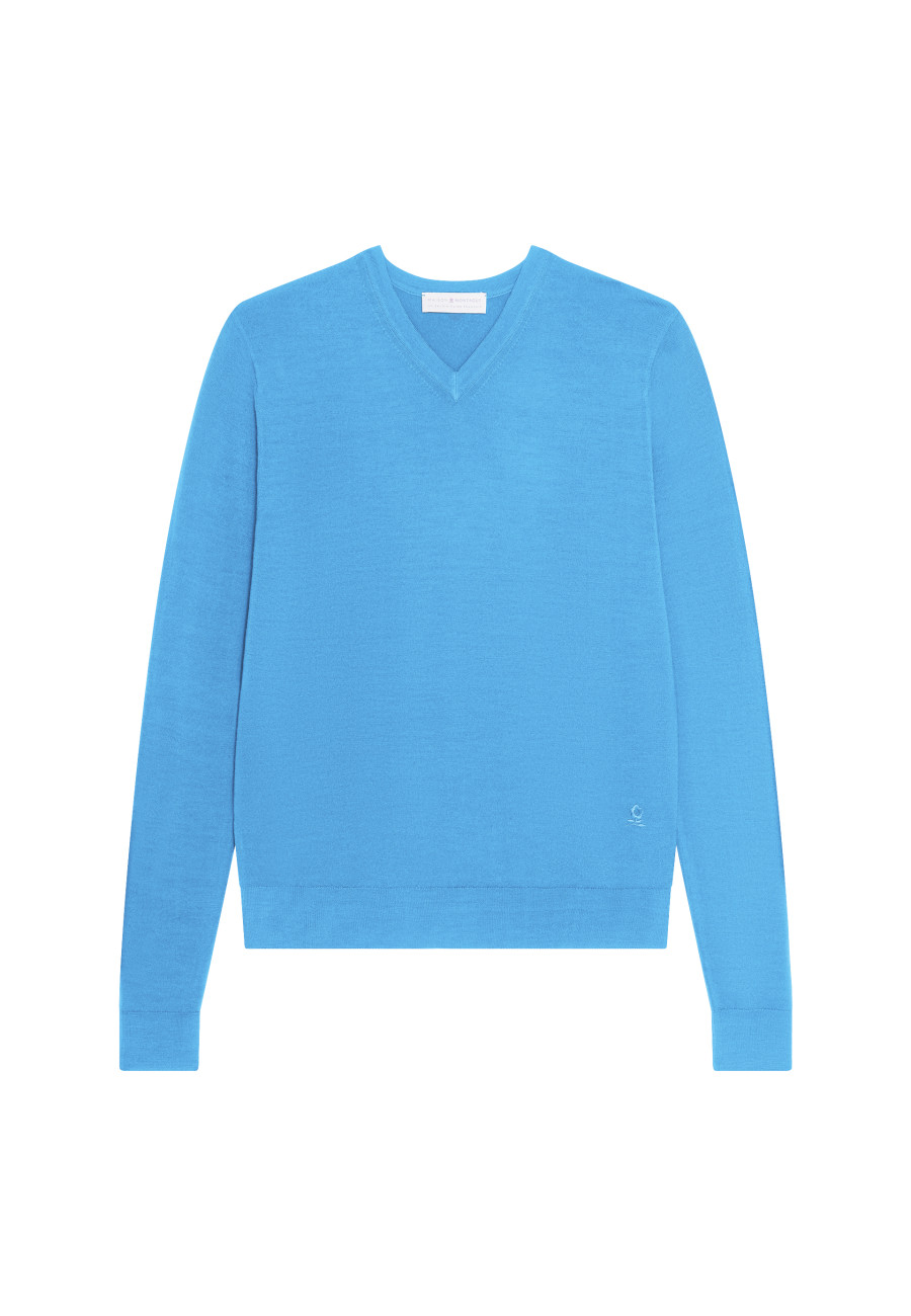 Pullover mit V-Ausschnitt und Logo aus Merinowolle - Elmo