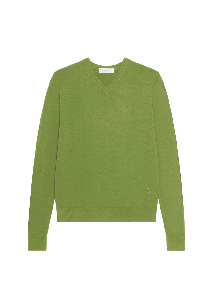 Pullover mit V-Ausschnitt und Logo aus Merinowolle - Elmo
