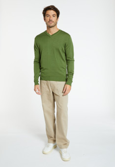 Pullover mit V-Ausschnitt und Logo aus Merinowolle - Elmo