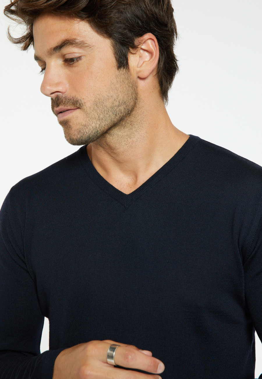 Pullover mit V-Ausschnitt und Logo aus Merinowolle - Elmo