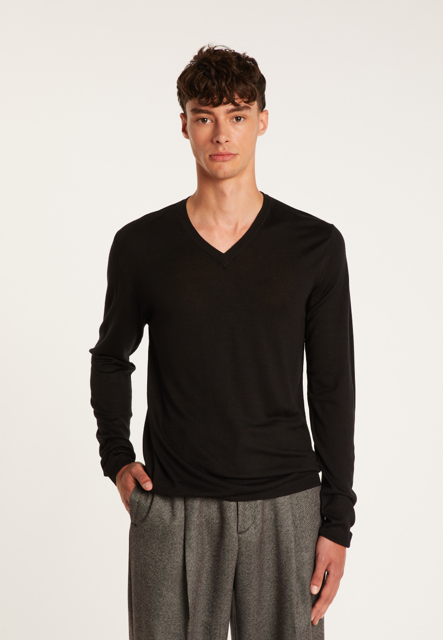 Pullover mit V-Ausschnitt und Logo aus Merinowolle - Elmo