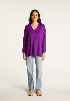 Weit geschnittener Pullover mit V-Ausschnitt und Taschen aus Merinowolle - Albertine