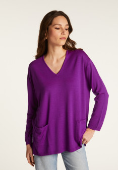 Weit geschnittener Pullover mit V-Ausschnitt und Taschen aus Merinowolle - Albertine