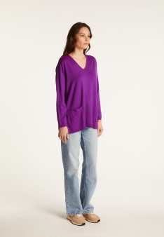 Weit geschnittener Pullover mit V-Ausschnitt und Taschen aus Merinowolle - Albertine